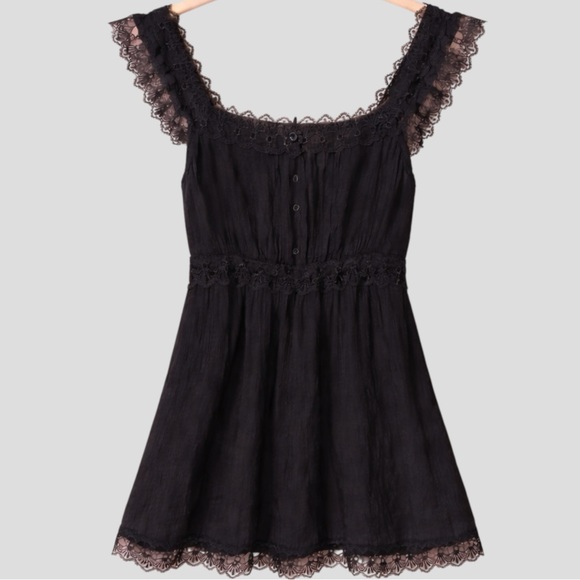 Vintage Dresses & Skirts - Y2K Mini Black Lace Trim Dress S Romantic Goth Bow Back Button Front Whimsigoth